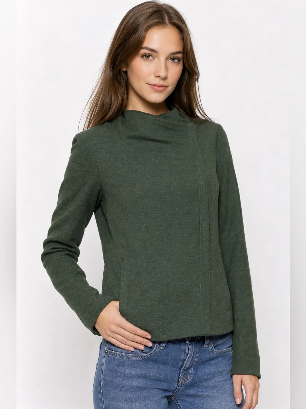 Vince Cypress Scuba Frise Moto Jacket XS Green Asymmetrical Zip Stretch Travel